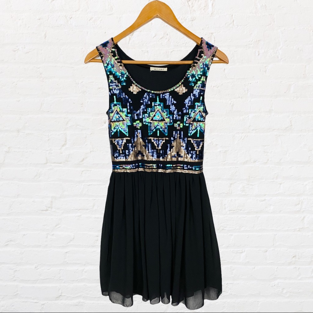 Miami | Black Sequined Geometric Aztec Sleeveless Flowy Chiffon Mini Party Dress